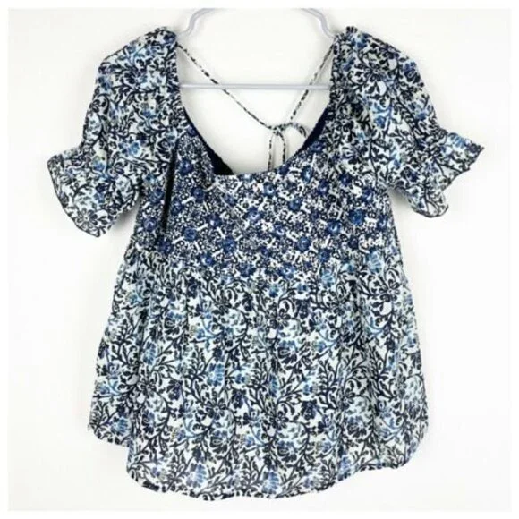 Sadie and Sage Peasant Off Shoulder Top Size Medium Blue Cream Pullover … - Picture 1 of 6